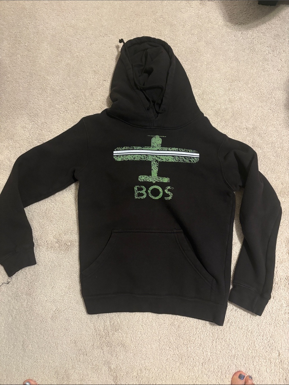 BOS Black Hoodie with Green Airplane Graphic